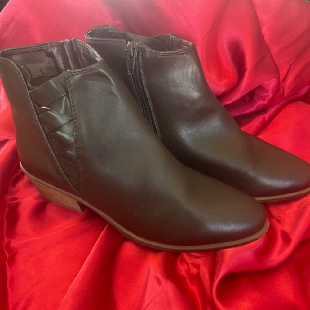Unbranded Ankle Boots Women Size 9 Brown Woven Detail Side Zip Block Heel Bootie